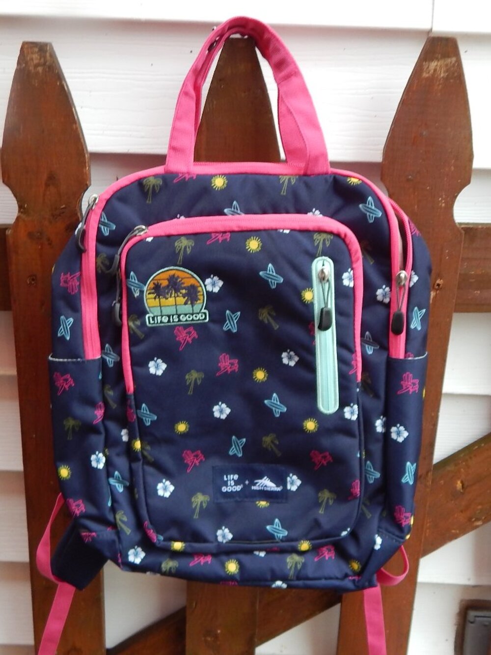 Life is Good High Sierra Navy Pink Tropical Floral 17X14 Backpack Canvas